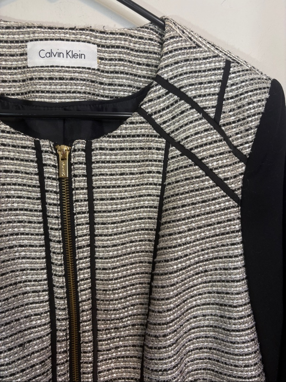 Black and White Metallic Tweed Contrast Sleeve Zip Front Suit Jacket Trim Seams